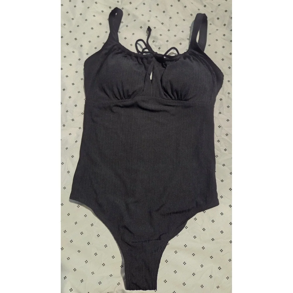 Black‎ Ribbed Tie Front Keyhole One Piece Swimsuit Womens Large